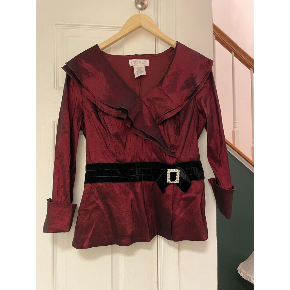 Jackie Jon Burgundy Shimmer Ruffle Peplum Blouse vintage Velvet Belt  Size 8